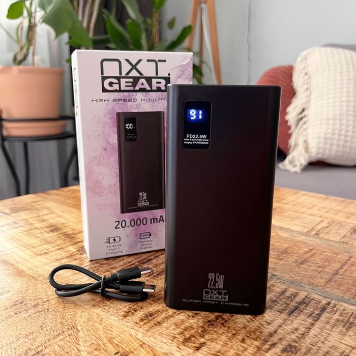 Powerbank czarny 20000mAh - 22,5W, 3X USB, USB-C, KABEL