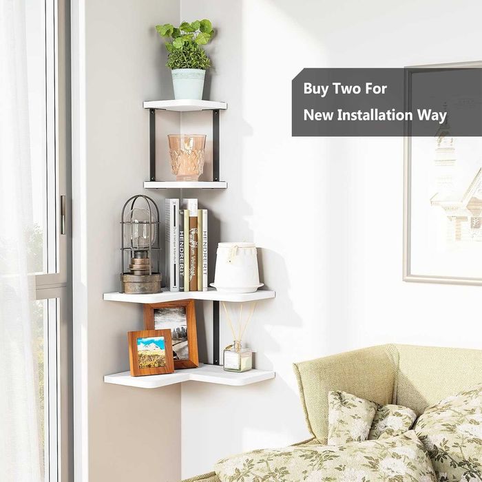 SRIWATANA Półka Narożna Wisząca Drewno Metal Vintage Biała