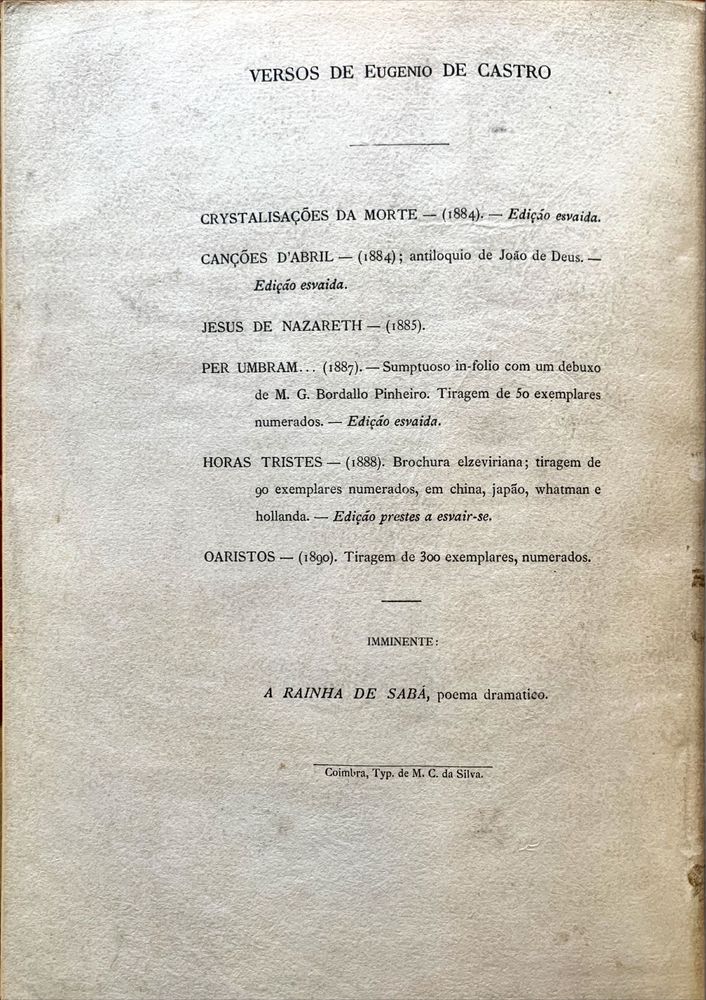 Oaristos - Eugenio de Castro - 1890 - 1.ª edicao - Dedicatoria