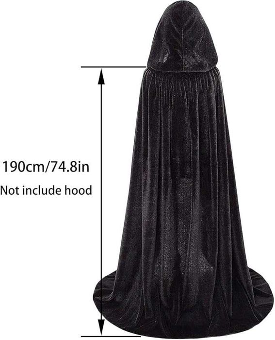 Czarna peleryna na Halloween z kapturem, aksamitna, 190 cm