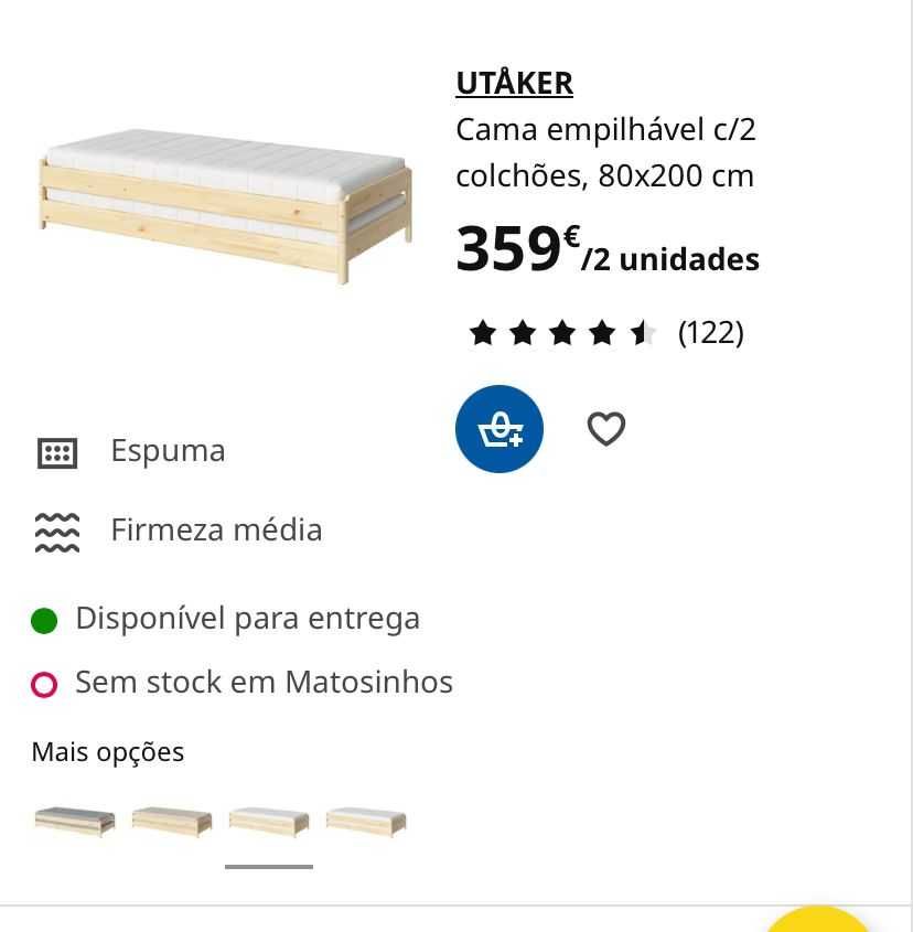 Cama empilhável com 2 colchões - 80x200cm (Ikea)