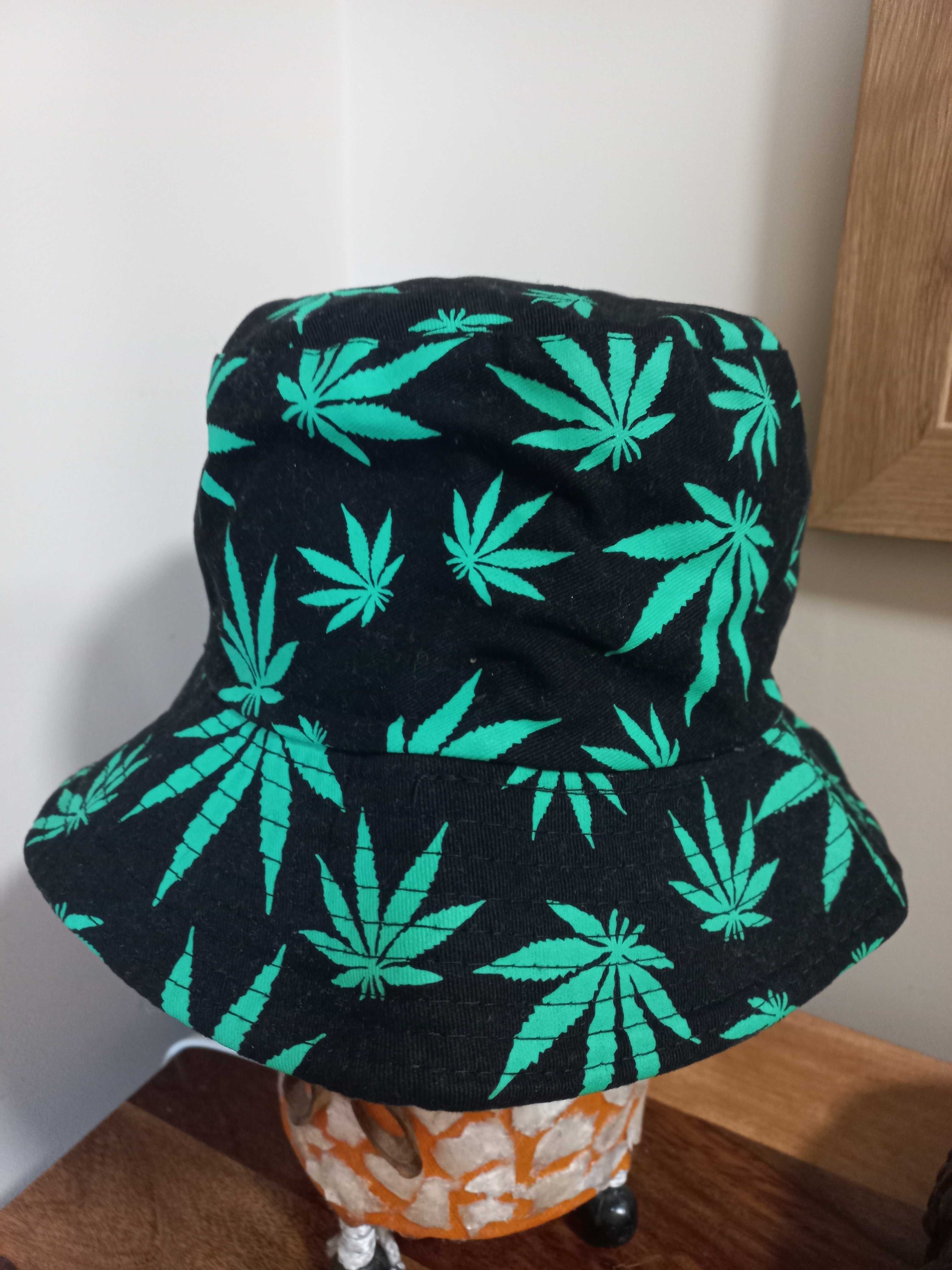 Kapelusz bucket hat dwustronny liście marihuany rybacki