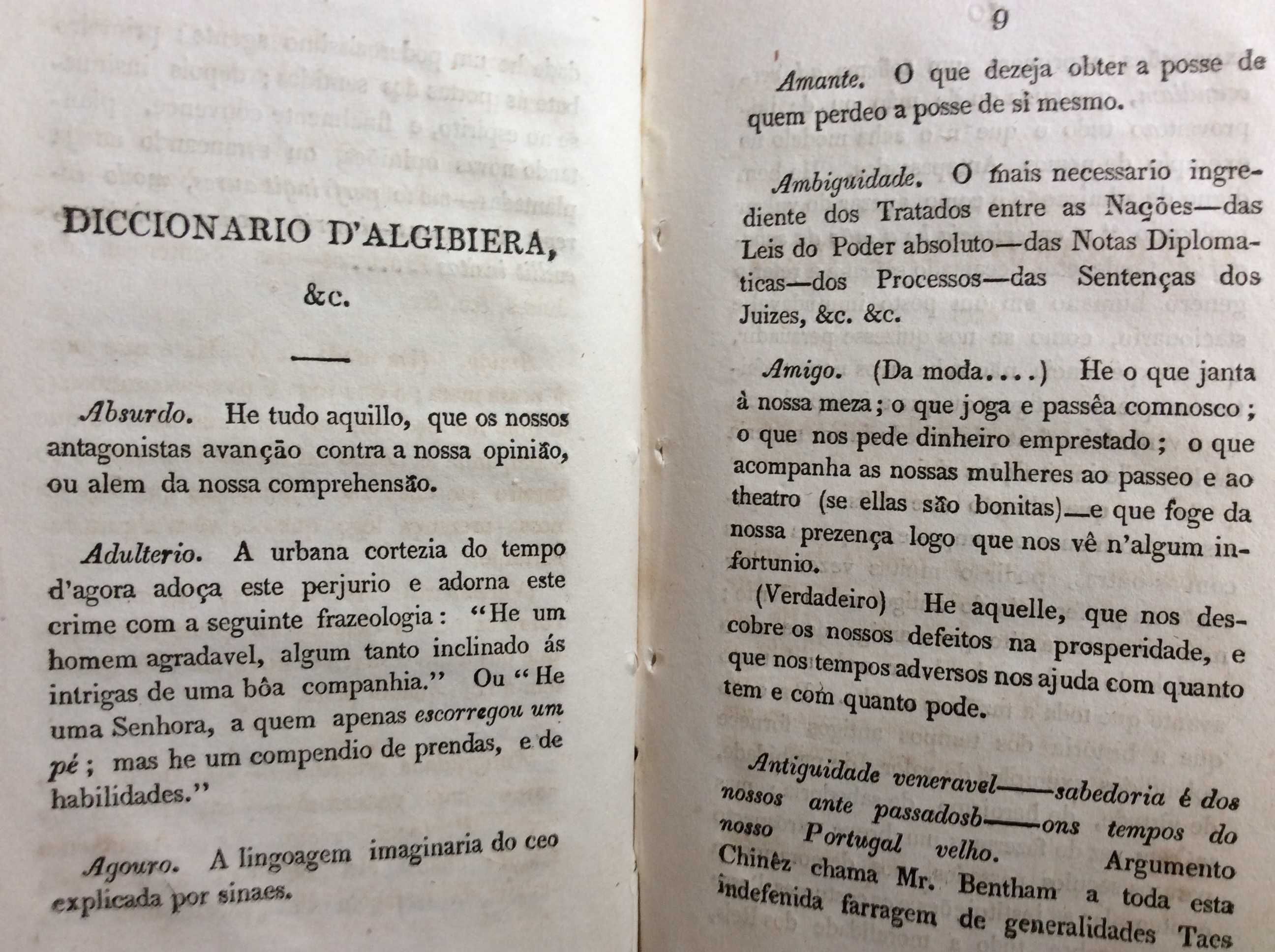 Diccionario d'Algibeira: Filosófico, Político...1828, 1.ª edição. Raro