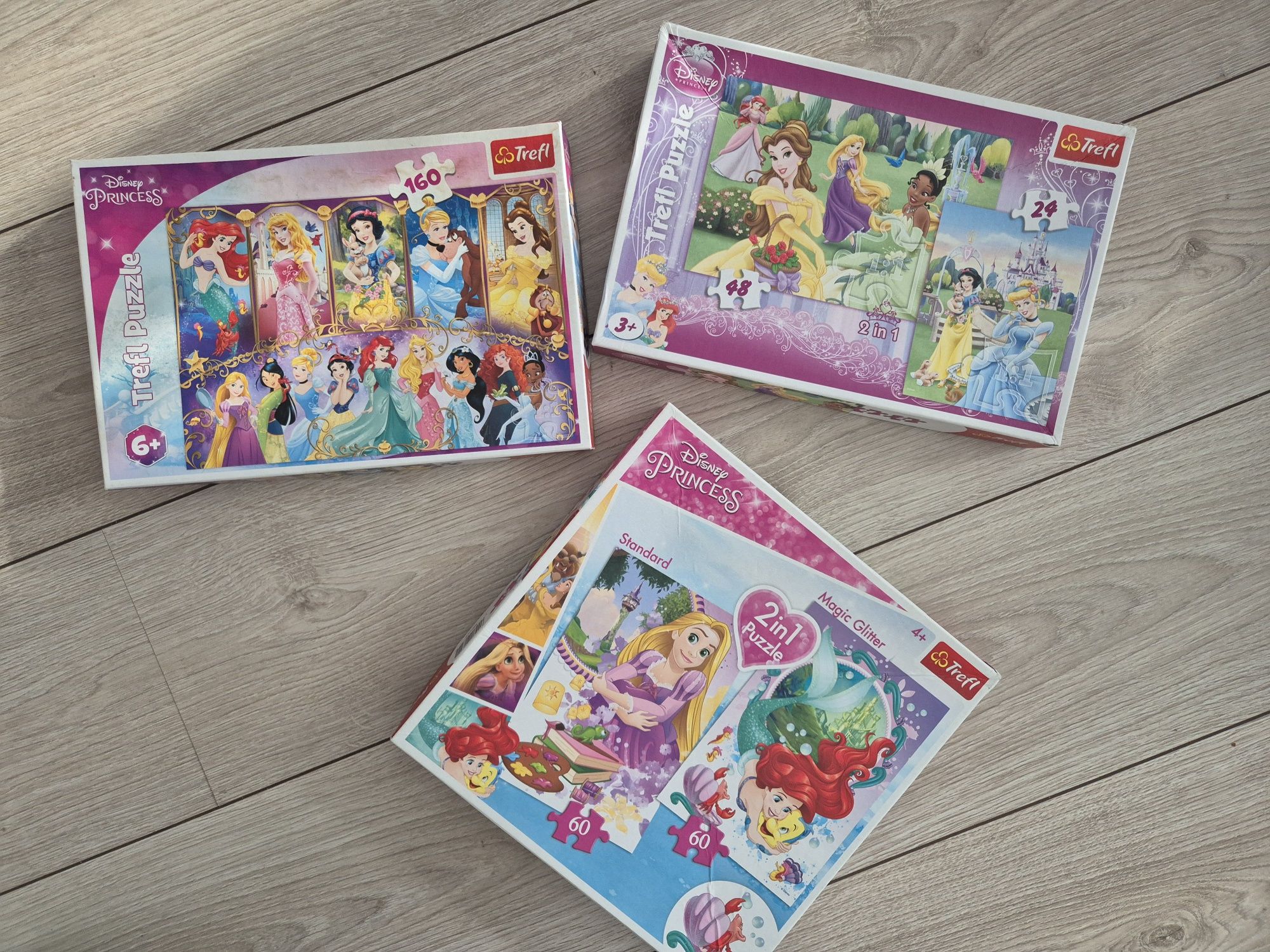 Puzzle trefl księżniczki disney, 3 pudełka, 24, 48, 60 i 160 elementów