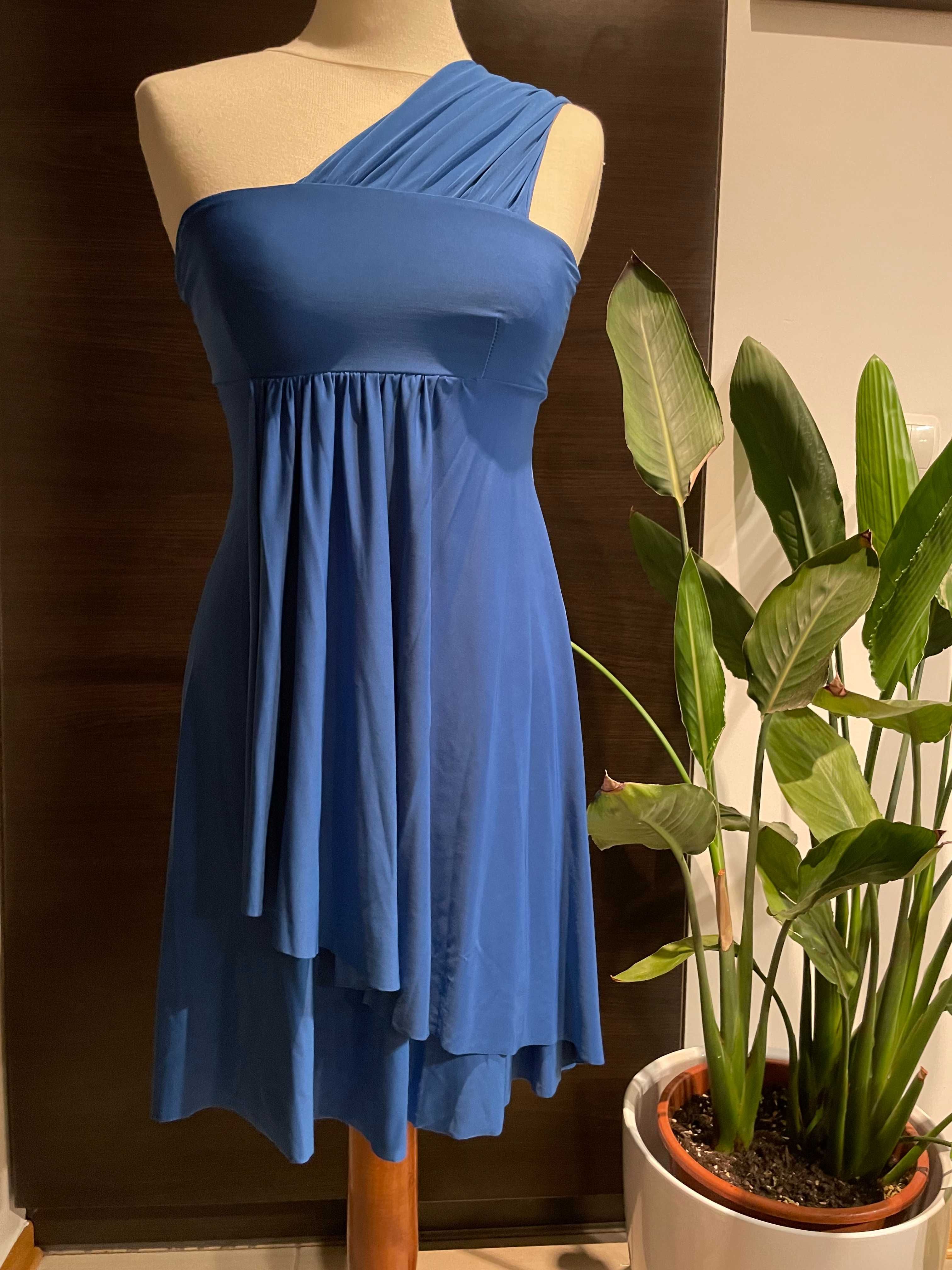 Seksowna sukienka na jedno ramię w kolorze kobaltowym, S, 50 zł