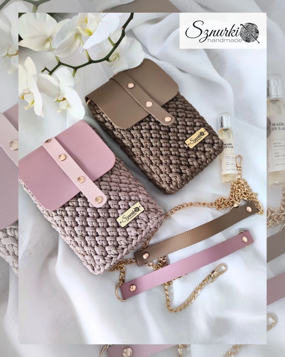 Torebka etui phone bag skórzana szydełkowana róż handmade