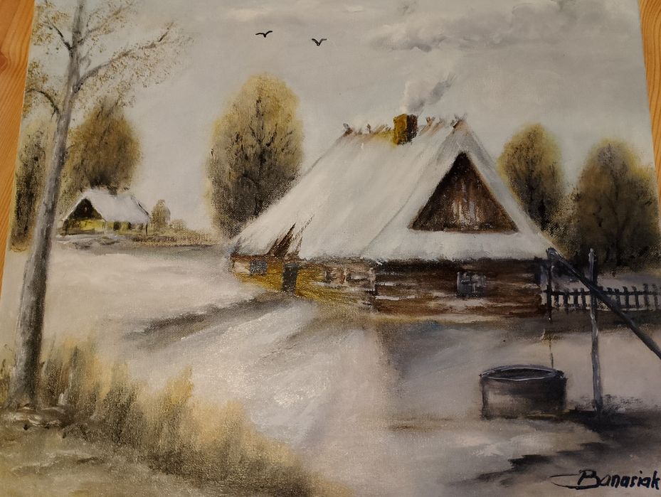 Obraz chatka zima obraz namalowany na płótnie 50/40 cm