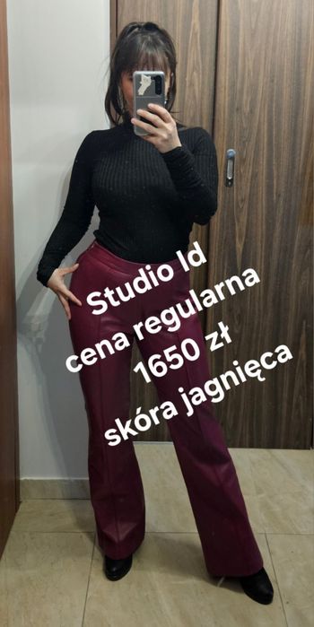 Burgundowe malinowe spodnie Studio Id skórzane skóra naturalna