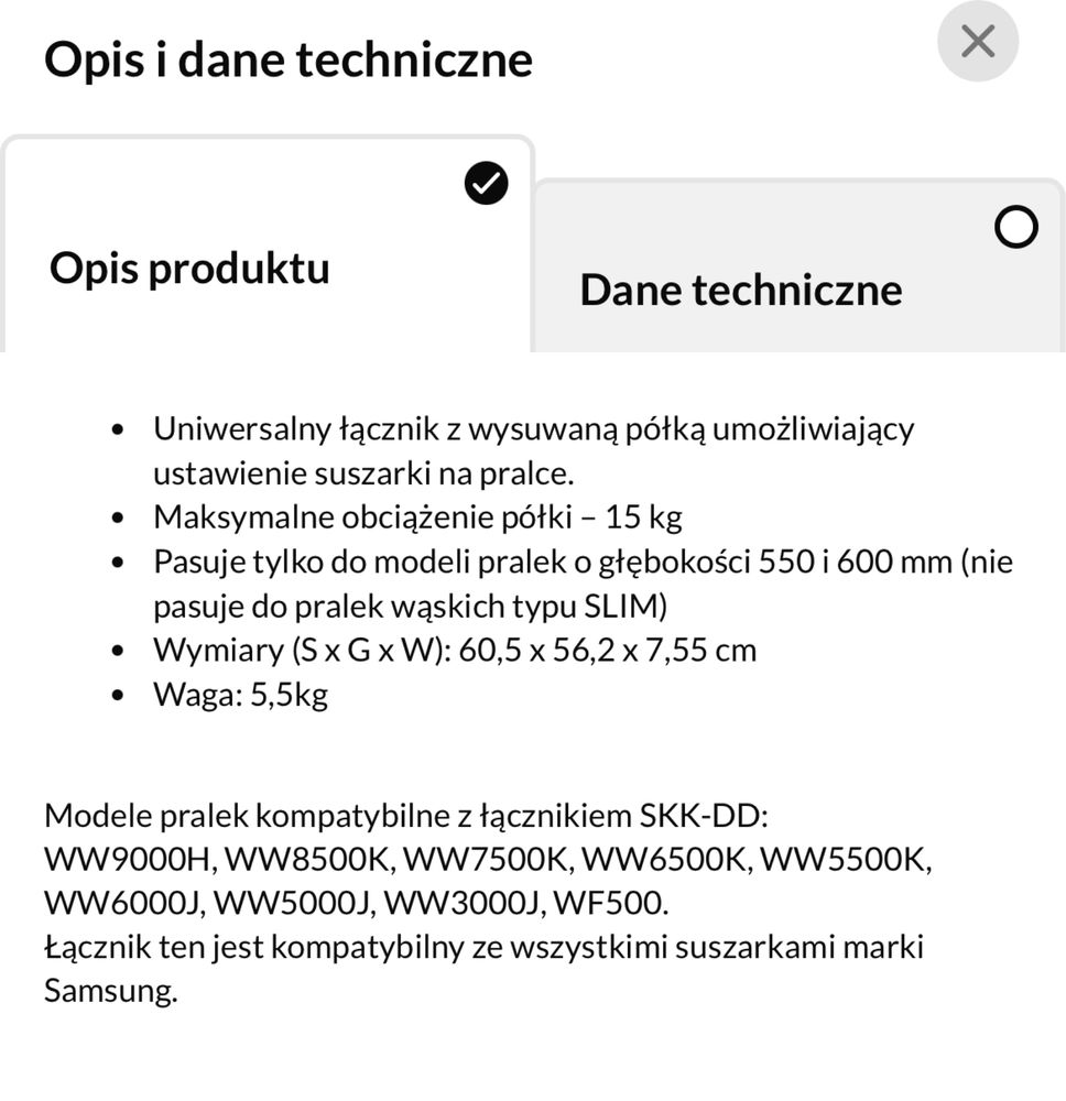 Łącznik pralka suszarka Samsung SKK-DD