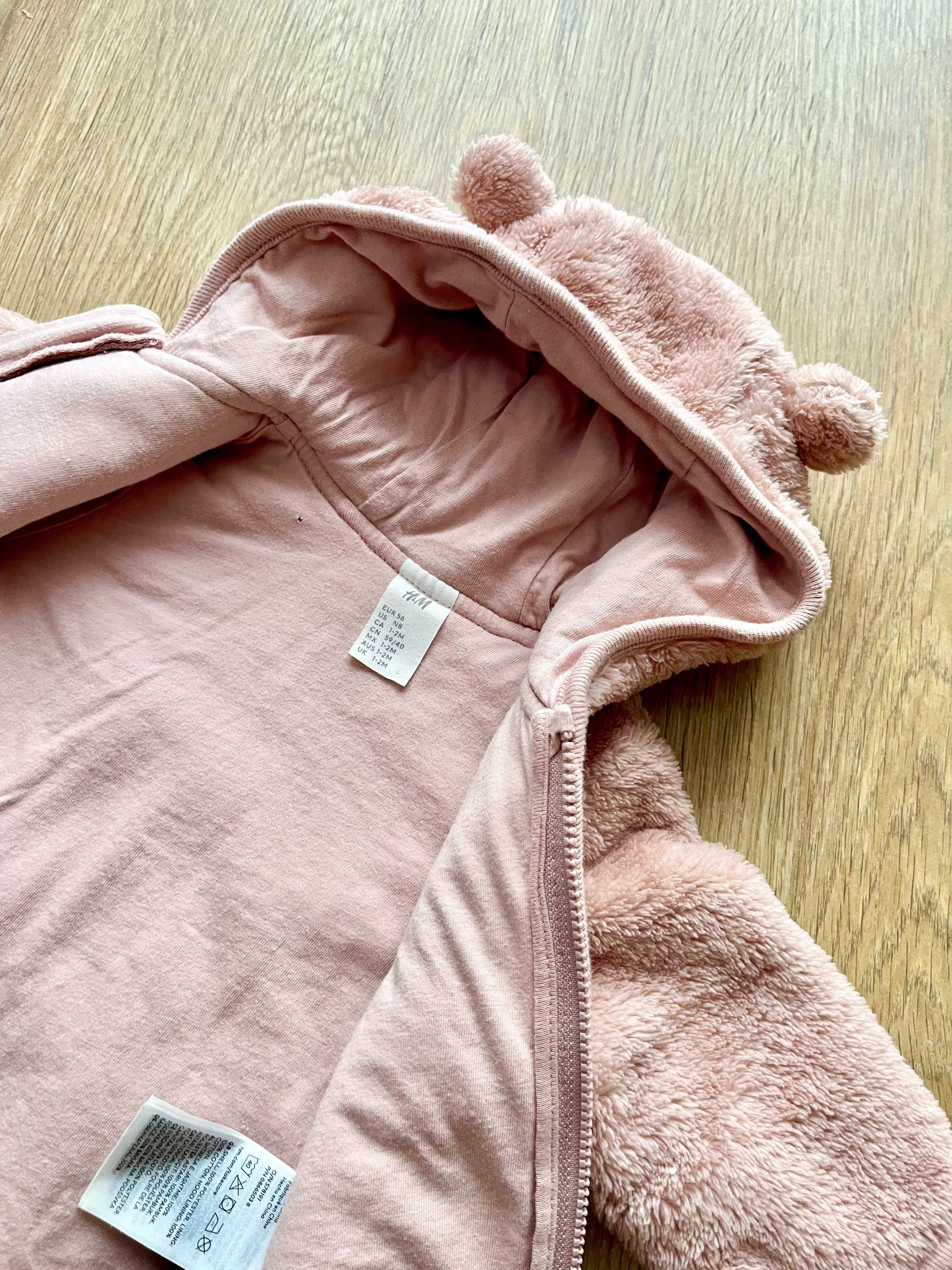 Komplet zestaw niemowlęcy bluza spodnie kapturem uszami różowe H&M 56