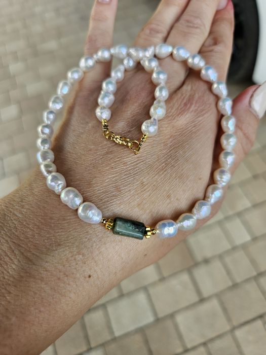 Naszyjnik Choker kamienie naturalne Perły Naturalne Szmaragd Hematyt