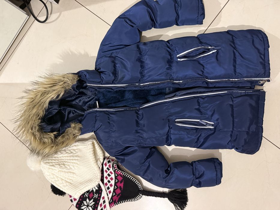 Kurtka zimowa dluga granatowa dziewczęca 128