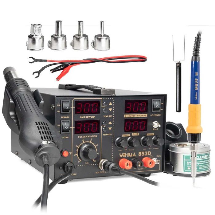 853D Stacja lutownicza HOTAIR 800W + kolba grotowa / Zasilacz 5A 0-30V