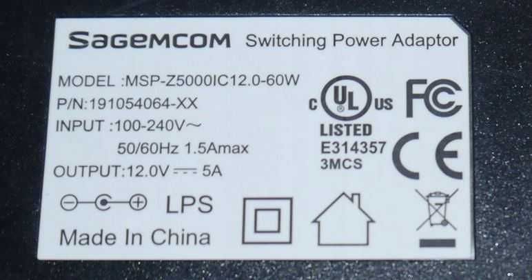 Zasilacz SAGEMCOM 12V 5A 60W wtyk 5,5x2,5mm MSP-Z5000IC12.0-60W