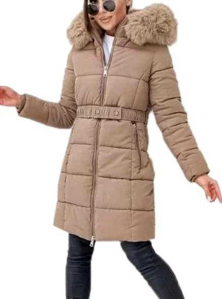 Pikowany puchowy zimowy płaszcz kurtka CAMEL jenot pasek futro L