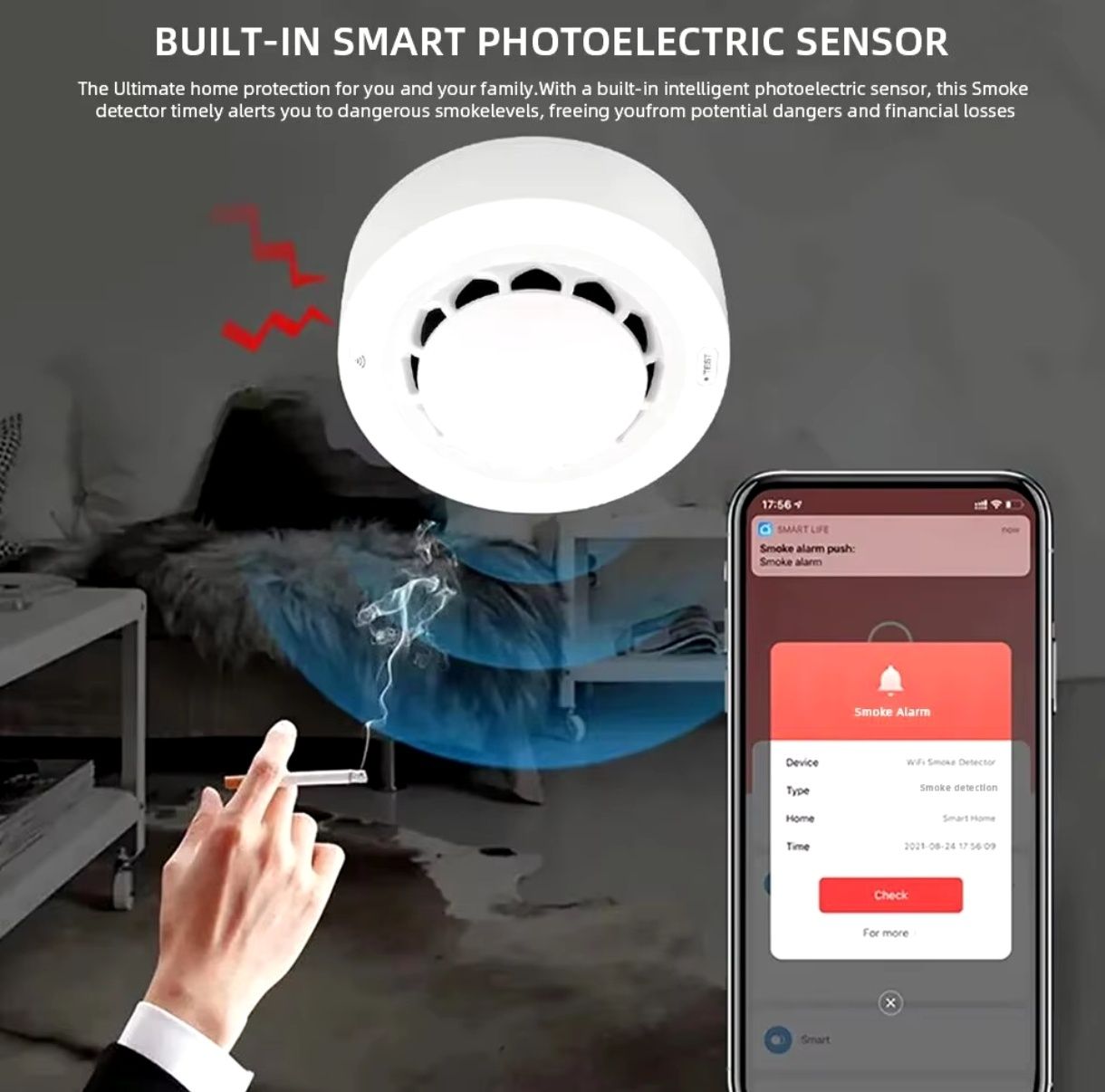 Czujnik dymu WiFi Smart Home z Alarmem