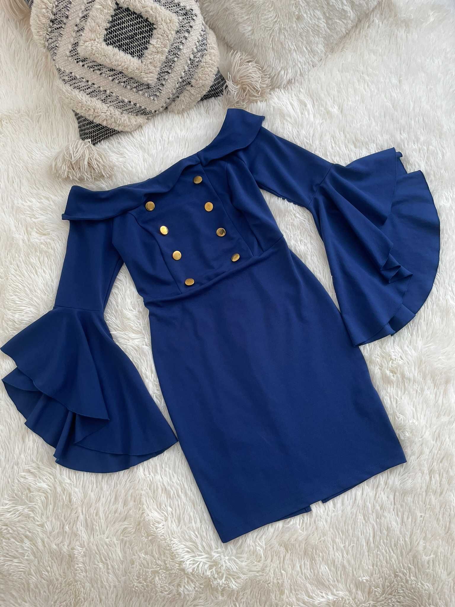 Sukienka granatowa elegancka rozkloszowane rękawy retro M 38 L 40