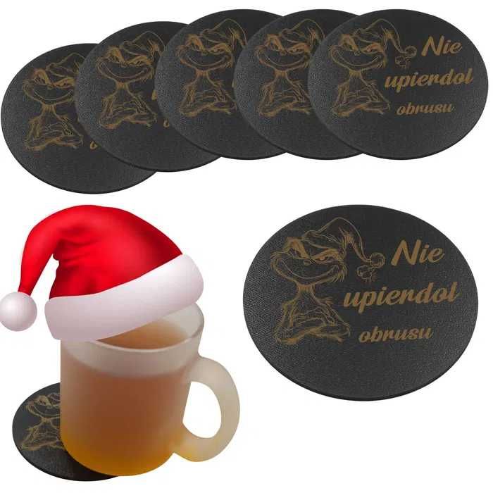 2x zestaw Podkładka pod kubek grawer GRINCH 5x na stół CZARNY