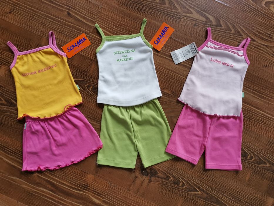 Komplet na lato dla dziewczynki koszulka top spodenki spódniczka 74