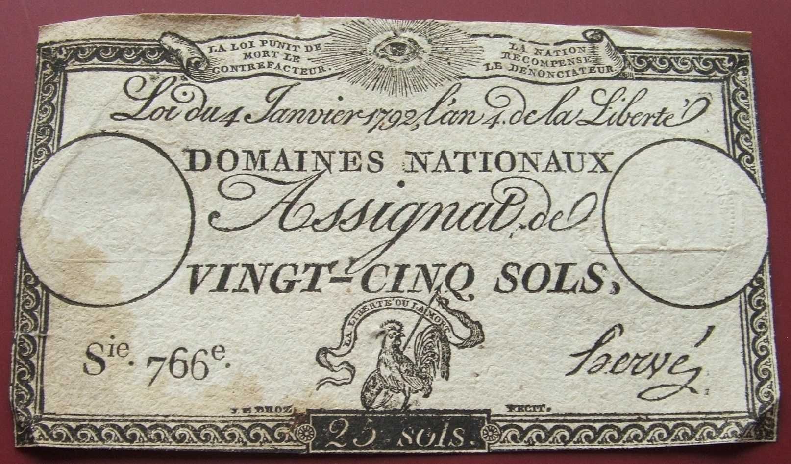 $$$ Banknot FRANCJA 25 SOLS 1792 ROK - REWOLUCJA Francuska Z Klasera