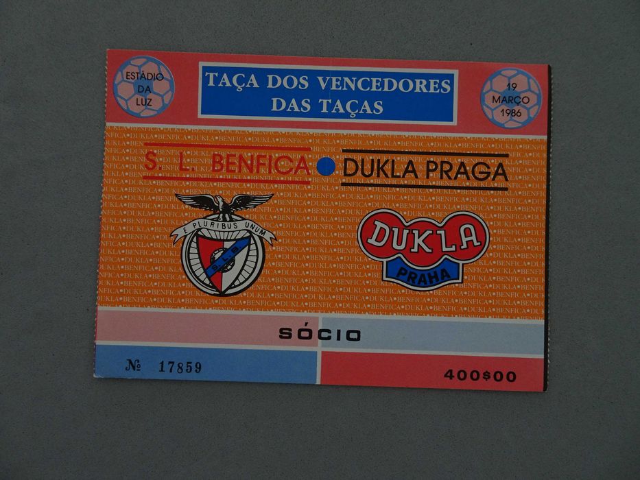 Bilhete de Futebol Benfica Dukla Praga Taça Vencedores das Taças 1986