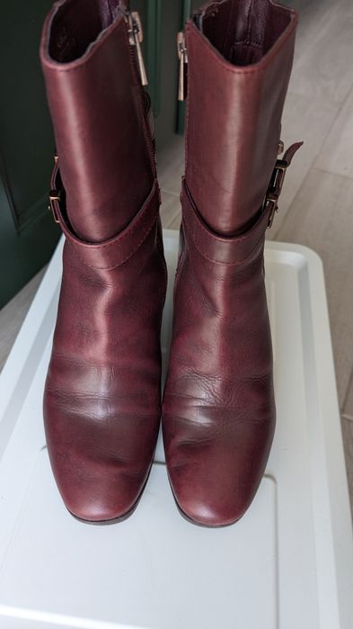 bordowe botki damskie na słupku – eko skóra, kwadratowe noski