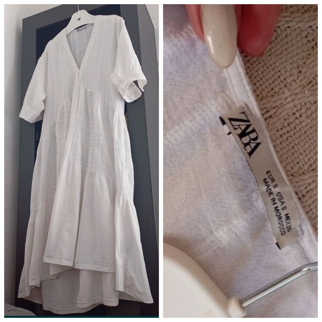 ZARA S-M Biała naturalna sukienka midi w stylu Boho 99% bawełna