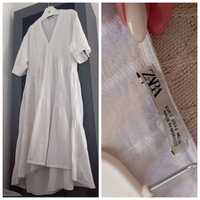 ZARA S-M Biała naturalna sukienka midi w stylu Boho 99% bawełna