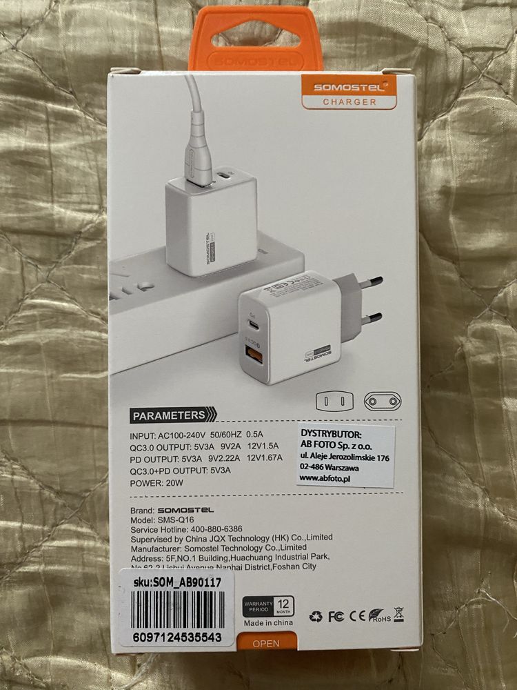 NOWA Ładowarka sieciowa Q16 20W PD Somostel + kabel USB-C biała IPHONE