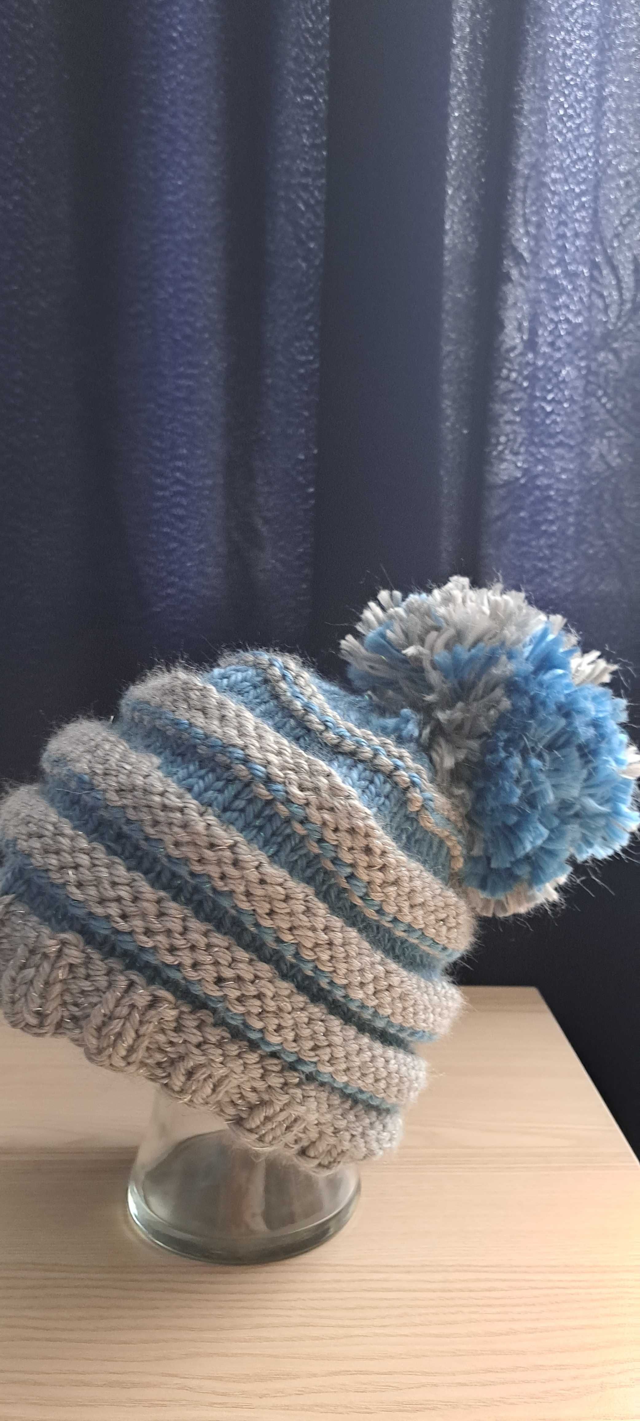 Czapka zimowa wełniana szaro-niebieska handmade