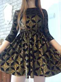 Piękna sukienka Glamour czarna złota aksamit