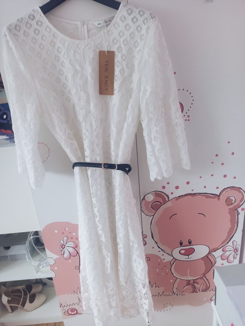 Nowa Biało Kremowa Ażurowa Sukienka midi, boho L
