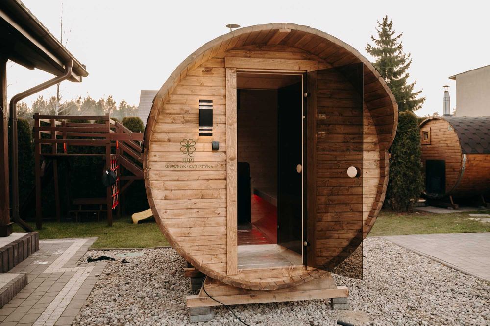 Sauna ogrodowa beczka 340cm z przedsionkiem piecem i oświetleniem LED