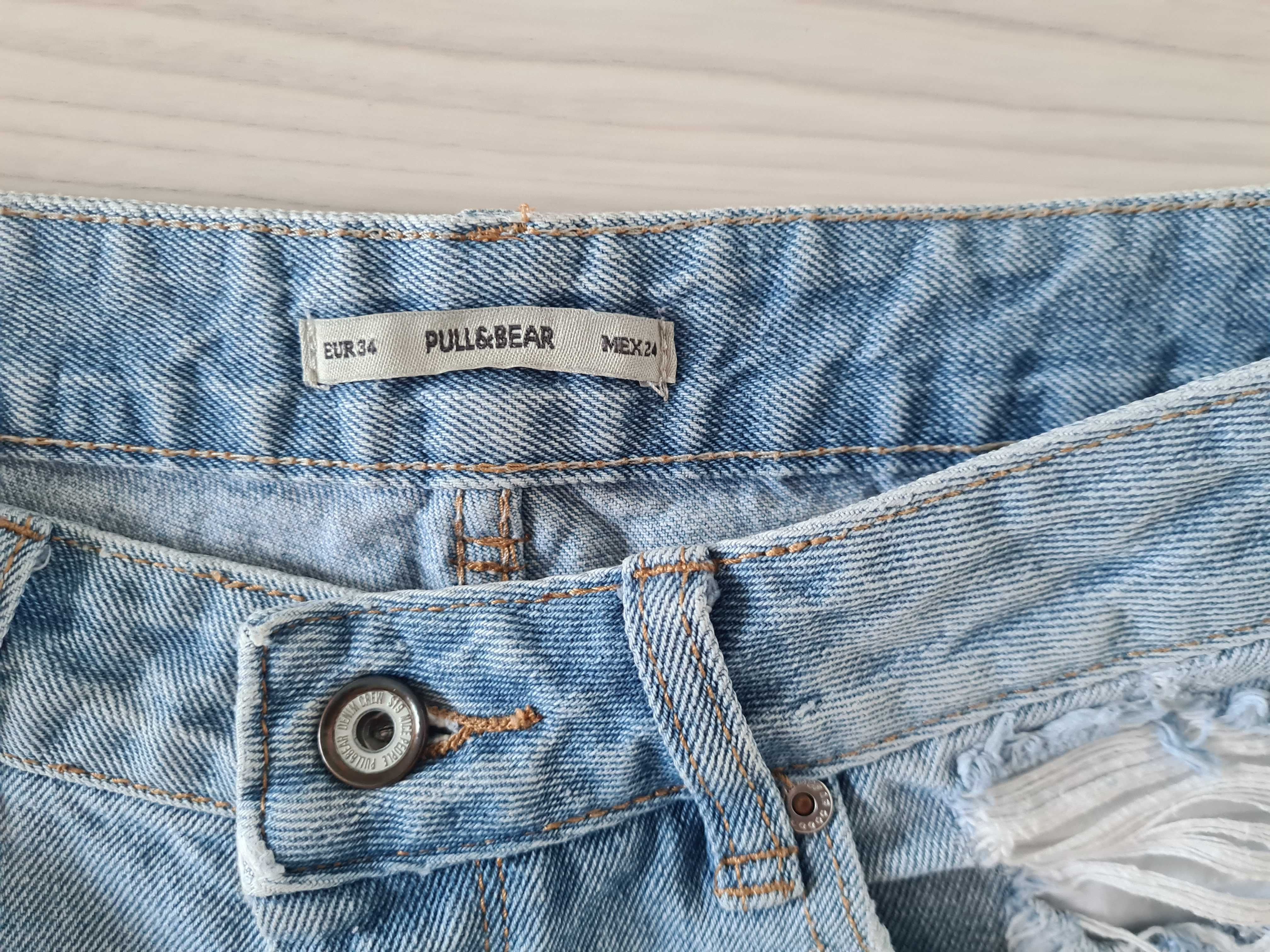 Jeansowe szorty przecierane 34 wysoki stan spodenki jeans s pull bear