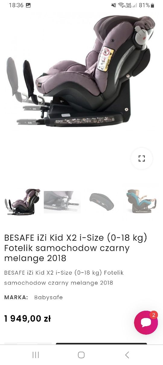 Fotelik samochodowy BeSafe iZi Kid X2 I-Size 0-18kg