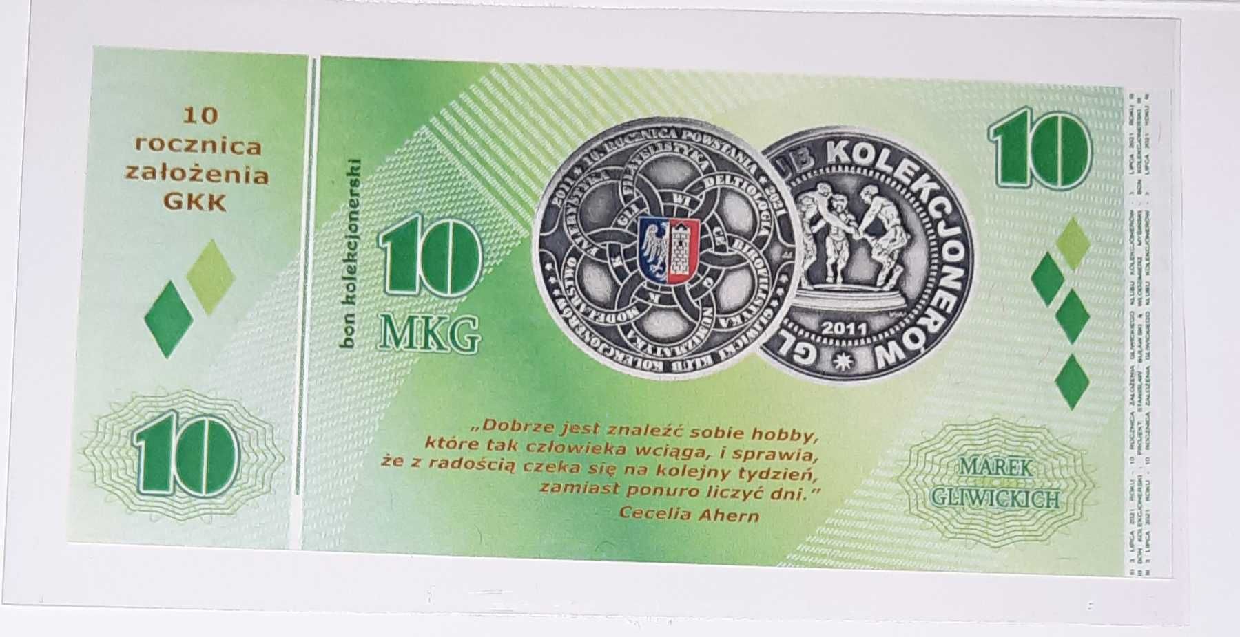 Banknot Bon kolekcionerski UNC 10 marek Gliwickich naklad 150 szt.