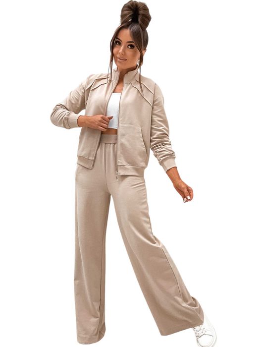 Bawełniany dres komplet szeroka nogawka beżowy bluza bomber S/M 36 38