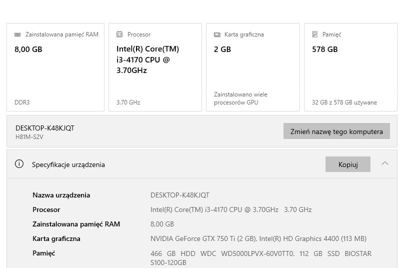 Komputer stacjonarny, intel I3-4170, gtx750Ti,  8 Gb Ram ddr3, ssd,