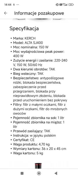 Wyciskarka/sokownik gwarancja