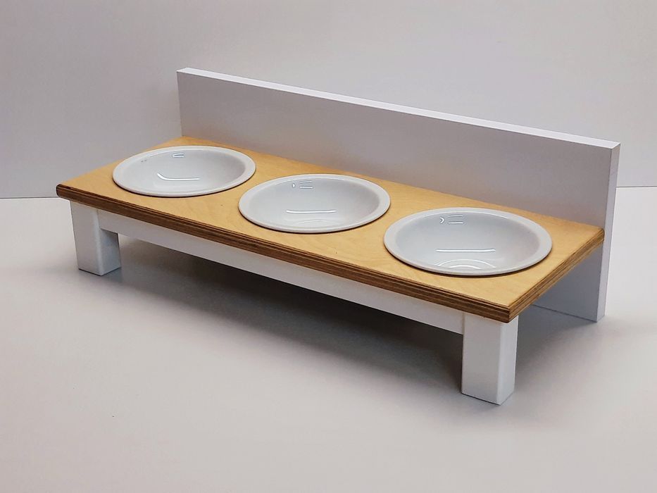 3 Miski ceramiczne dla kotów na stojaku + Twój nadruk - Biały + BUK