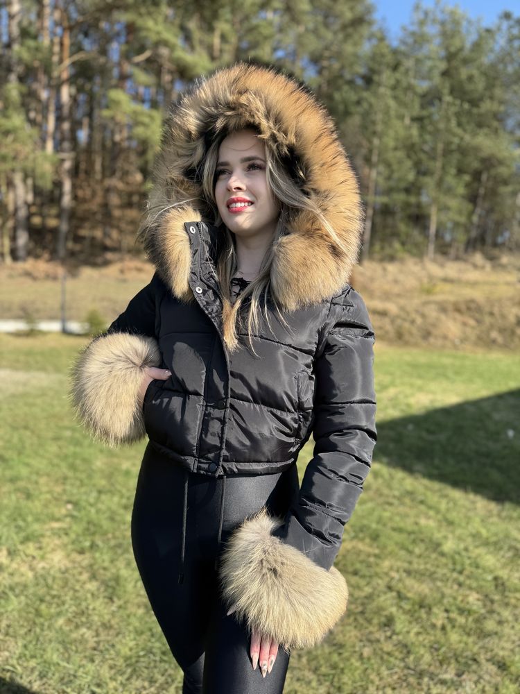 Kurtka puchowa 3 w 1  naturalna z obszyciem jenota kaptur xs/s NOWA!