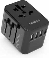 TESSAN 633FC, uniwersalny adapter podróżny, 3 USB, 1 USB C, czarny