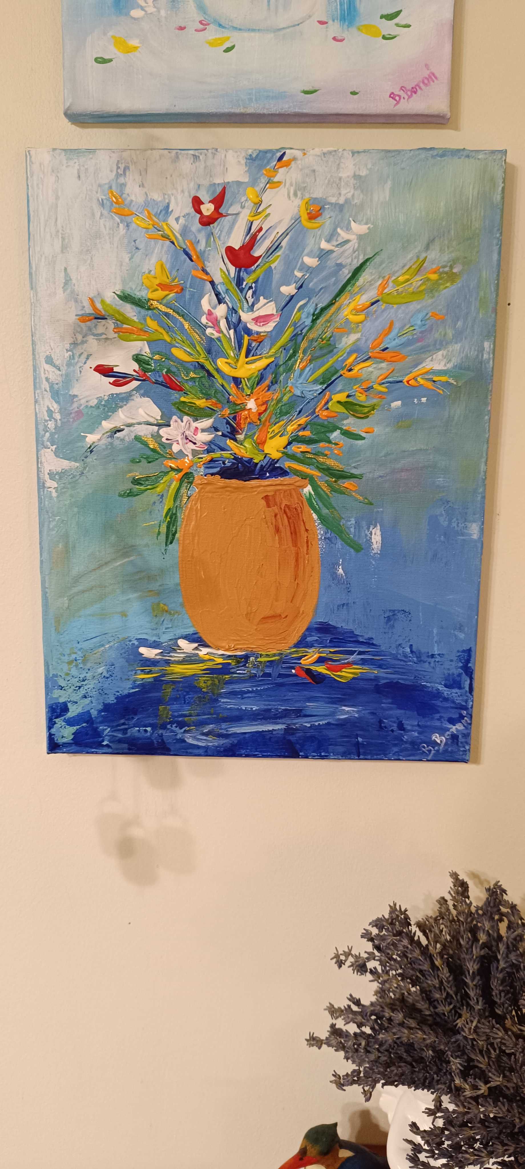 Nowy ręcznie malowany obraz, abstrakcja kwiaty w glinianym wazonie