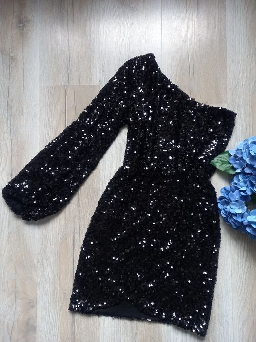 Sukienka Mini mała czarna cekiny Made in Italy 34, 36, XXS, XS bal wes