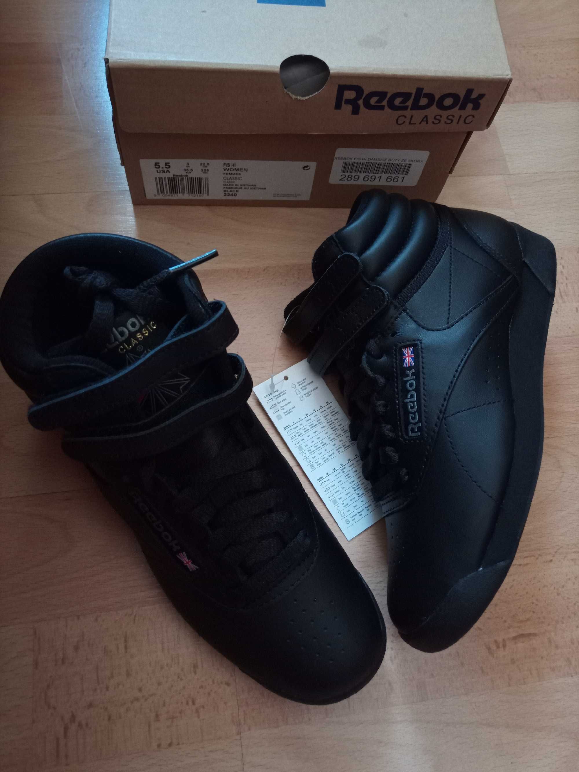 Czarne skórzane buty Reebok hi 35,5 wkładka 22,7 wysokie nowe