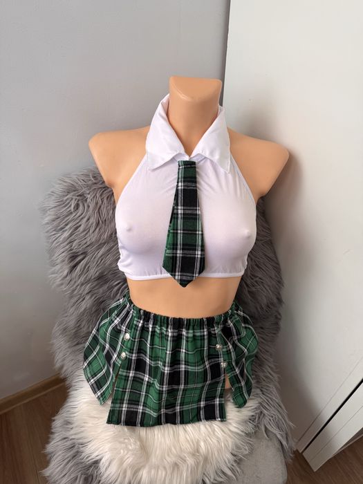 Sexy strój uczennicy – biało-zielony, nowy, XS–M