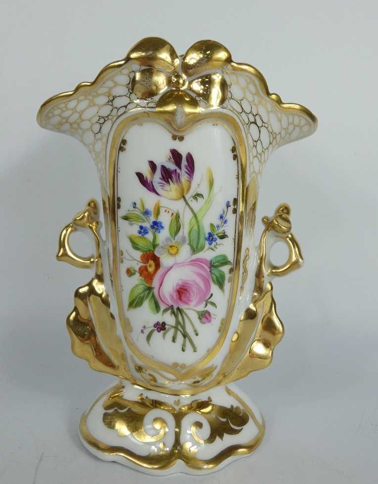 Stary porcelanowy WAZON malowany kwiaty bogate złocenia Biedermeier