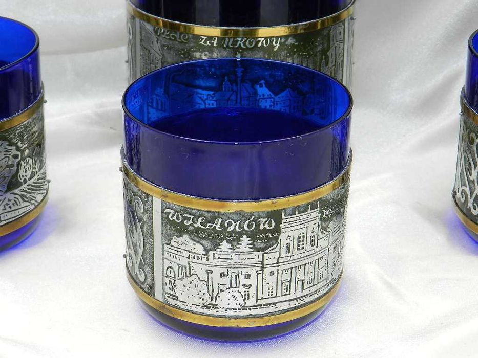 Kobaltowy okuwany zestaw do napojów WARSZAWA Huta Hortensja lata 70-80