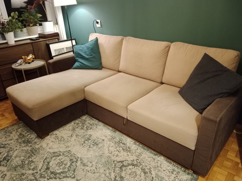 Kanapa narożnik sofa z funkcją spania z pojemnikiem na pościel beżowa