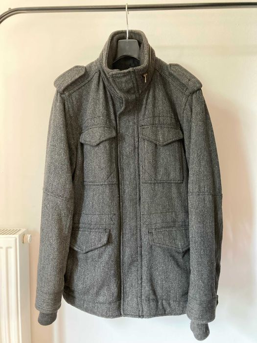 Wełniana kurtka H&M, męska L szary tweed casual, chowany kaptur